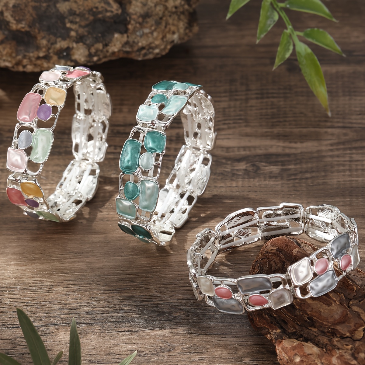 KAMILLE Vintage Silver Plated Geometric Enamel Stretch Bracelet
